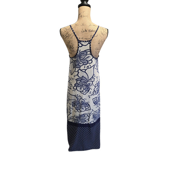 Solitaire floral and polkadot blue and white sleeveless dress, size small - Picture 2 of 4